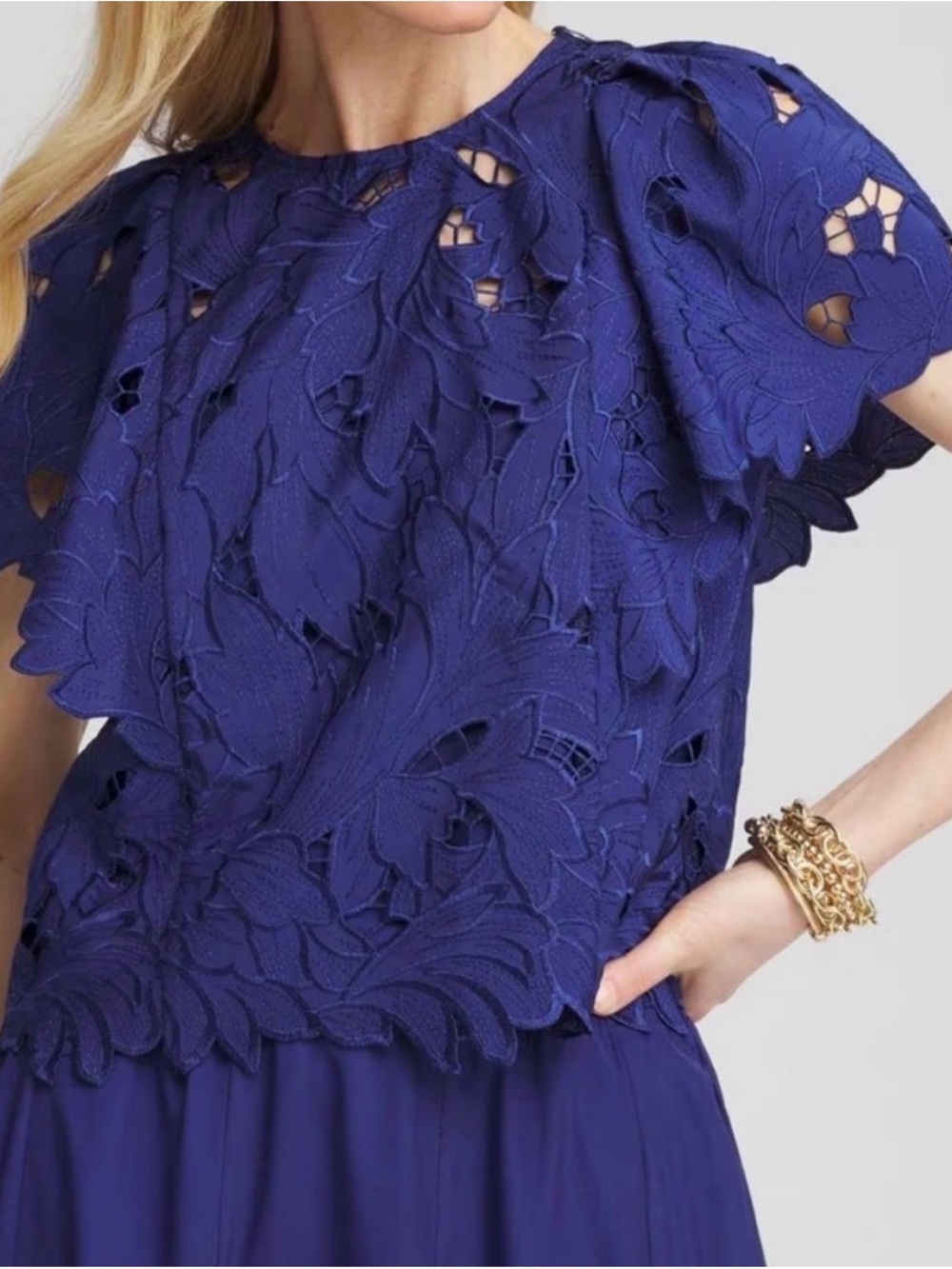 Chicos Royal Blue Floral Lace Overlay Blouse size L(12)